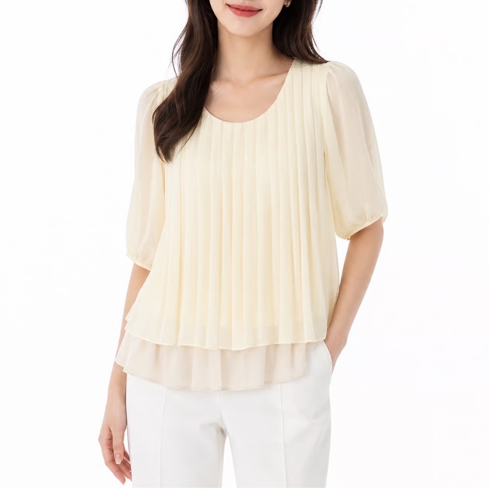 Mysty Woman Cream Yellow Pleated Tunic Blouse Layered Ruffle Hem Size M